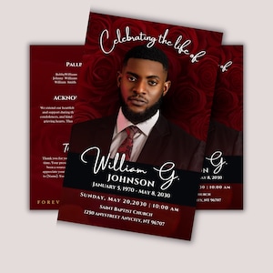 Funeral Program Template for Man | Masculine Funeral Program | Celebration of Life |Keepsake | Red rose Funeral Program for Man