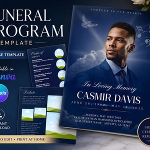 May include: Funeral program template with a navy blue background. The cover features a portrait of a man and the text "In Loving Memory Casmir Davis." Additional text includes "8 Page Template," "Editable in Canva," and "Instant Download."