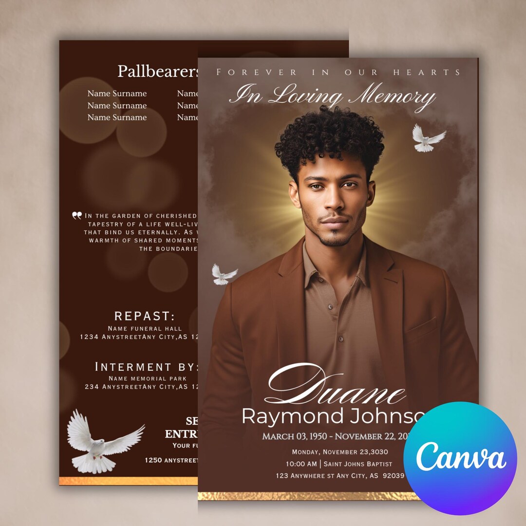 Elegant Funeral Program Template | Brown Obituary, Celebration of Life ...