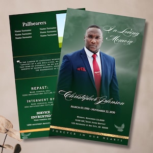 Green Memorial Program Elegant Style Funeral Keepsake | Digital Download | Canva Template 11&quot;X8.5&quot; | Celebration of Life | Obituary Template