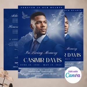 Programa conmemorativo personalizado en azul: plantilla de obituario de 4 páginas, temática musical, celebración de la vida, recuerdo, plantilla de Canva de 17 x 11 pulgadas