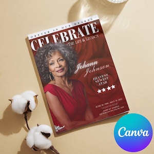 Personalized RED Funeral Program Booklet Obituary Program  Mogul Magazine Style 8 Page Celebration of Life Keepsake - Digital Download Canva