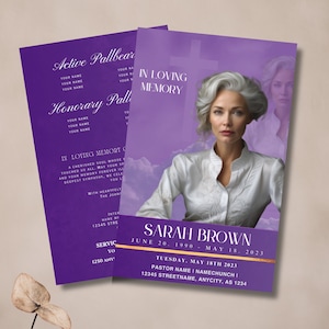 FUNERAL OBITUARY TEMPLATE (8 pages) Purple Funeral Program | Celebration of Life |Classy Obituary | Canva Template 5.5x8.5in