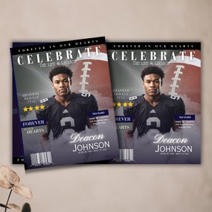 Football Theme Funeral Program Template - 11x8.5 Mogul Magazine Style, 8-Page Celebration of Life Booklet - Digital Download Canva Keepsake