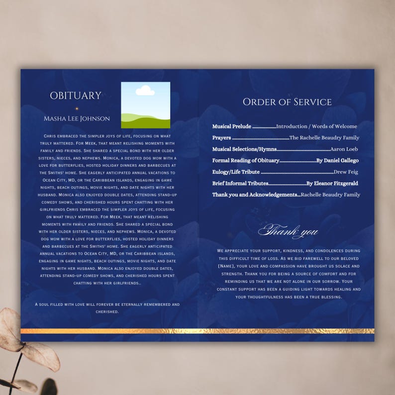 Elegant Blue Funeral Program Template 8page Obituary (canva Template