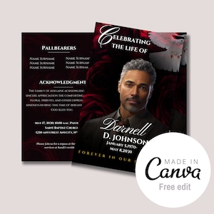 8.5&quot;x11&quot; BOOKLET Memorial program (4 pages)| Red Rose Funeral Program |Celebration of Life |Keepsake |Digital Download |Canva Template