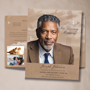 Puede incluir: Una tarjeta conmemorativa con un retrato de un hombre con traje marrón y corbata azul. La tarjeta incluye el texto "In Loving Memory" y el nombre "Joseph Johnson" con fechas y detalles del servicio. El fondo tiene un cielo nublado y palomas.