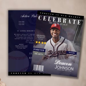 BaseballTheme Funeral Program Template - 11x8.5 Mogul Magazine Style, 8-Page Celebration of Life Booklet - Digital Download Canva Keepsake