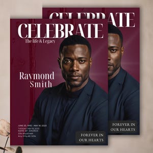 Personalized RED Funeral Program Booklet 17x11 | Mogul Magazine Style, 8 Pages - Celebration of Life Keepsake - Digital Download - Canva