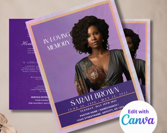 May include: A purple and gold funeral announcement with a photograph of a woman. The text reads "In Loving Memory" and "Sarah Brown, June 20, 1990 - May 18, 2023".