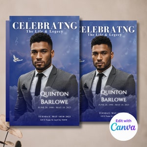 Blue Personalized Memorial Program - 8 Pages Obituary Template - Music Themed - Celebration of Life - Keepsake - Canva Template 5.5&quot;x8.5&quot;