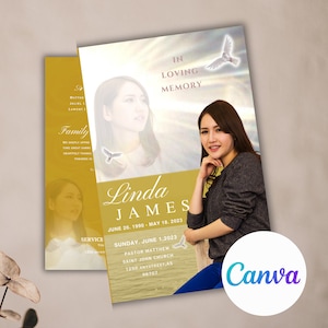 Yellow Funeral Program Canva Template - Personalized Memorial Keepsake (8 pages) | 5.5&quot;x8.5 | Obituary Template | Celebration