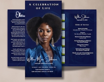Blue Trifold Funeral Program Template | Obituary, Celebration of Life (Digital Download)