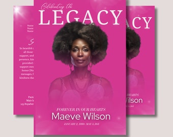 Peut inclure: Une carte commémorative rose et blanche avec une photo d'une femme aux cheveux foncés et portant un masque facial. Le texte indique "Celebrating the Legacy" et "Forever in Our Hearts Maeve Wilson January 2, 1990 - May 5, 2023".