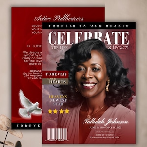 Personalized RED Funeral Program Booklet  | Mogul Magazine Style, 12 Pages - Celebration of Life Keepsake - Digital Download - Canva
