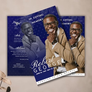 Personalized Blue Memorial Program (8 pages) | Obituary Template | Magazine Cover | Celebration of Life | Keepsake | Canva Template 5.5&quot;x8.5