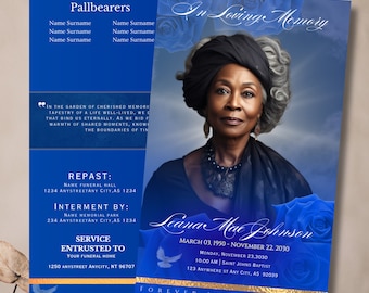Memorial program (8 pages)| Obituary Template | Elegant Blue Funeral Program | Celebration of Life | Keepsake | Canva Template 5.5"x8.5"