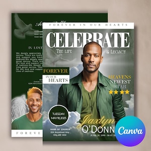 Green Memorial Program Elegant Style Funeral Keepsake  Digital Download  Canva Template  | Celebration of Life | Obituary Program Template