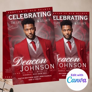 Personalized RED Funeral Program Booklet  | Mogul Magazine Style, 8 Pages - Celebration of Life Keepsake - Digital Download Canva 11&quot;x8.5&quot;