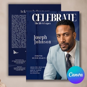Livret de programme des funérailles bleu personnalisé 11 x 8,5 | Style magazine Mogul, 8 pages - Souvenir de la célébration de la vie - Téléchargement numérique - Canva