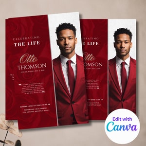 Funeral Program Template for Man | Masculine Funeral Program | Celebration of Life |Keepsake | Red rose Funeral Program for Man