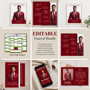 Modèle de programme de funérailles pour homme, programme de funérailles masculin, rose rouge, célébration de la vie, carte de prière souvenir, carte de remerciement