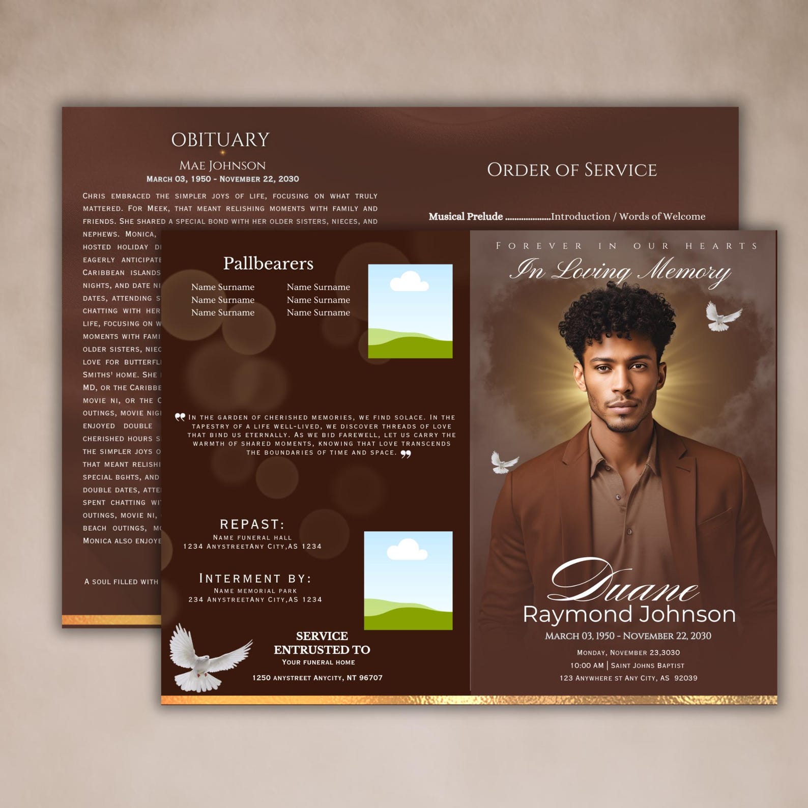 Elegant Funeral Program Template | Brown Obituary, Celebration of Life ...