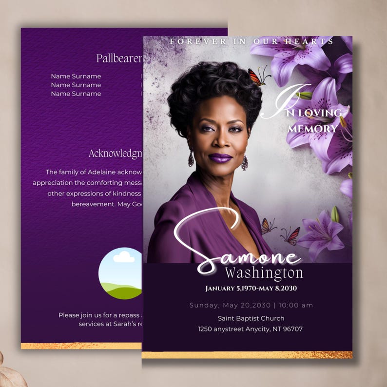 Purple Funeral Program Template | Editable Memorial Design (canva ...