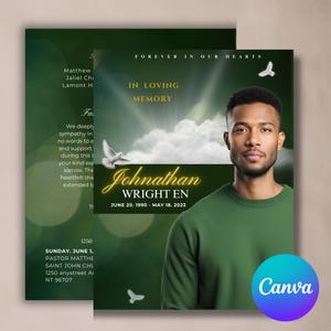 Green Memorial Program Elegant Style Funeral Keepsake  Digital Download  Canva Template  | Celebration of Life | Obituary Program Template