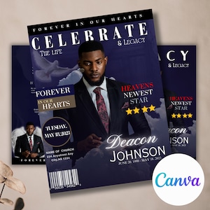 Funeral Program Booklet, 5.5x8.5 Size, Mogul Magazine Style, 8 Pages, Celebration of Life, Keepsake, Digital Download, Canva Template