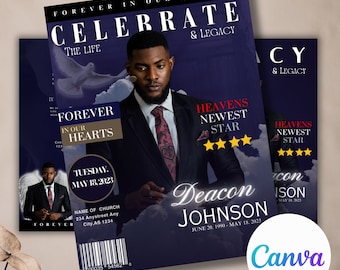 Funeral Program Booklet, 17x11 Size, Mogul Magazine Style, 8 Pages, Celebration of Life, Keepsake, Digital Download, Canva Template