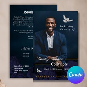 Blue Bifold Memorial program Magazine size  Obituary Template  Elegant Blue Funeral Program  Celebration of Life Keepsake  Canva Template