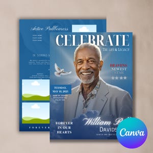 Funeral Program Booklet, 17x11 Size, Mogul Magazine Style, 8 Pages, Celebration of Life, Keepsake, Digital Download, Canva Template