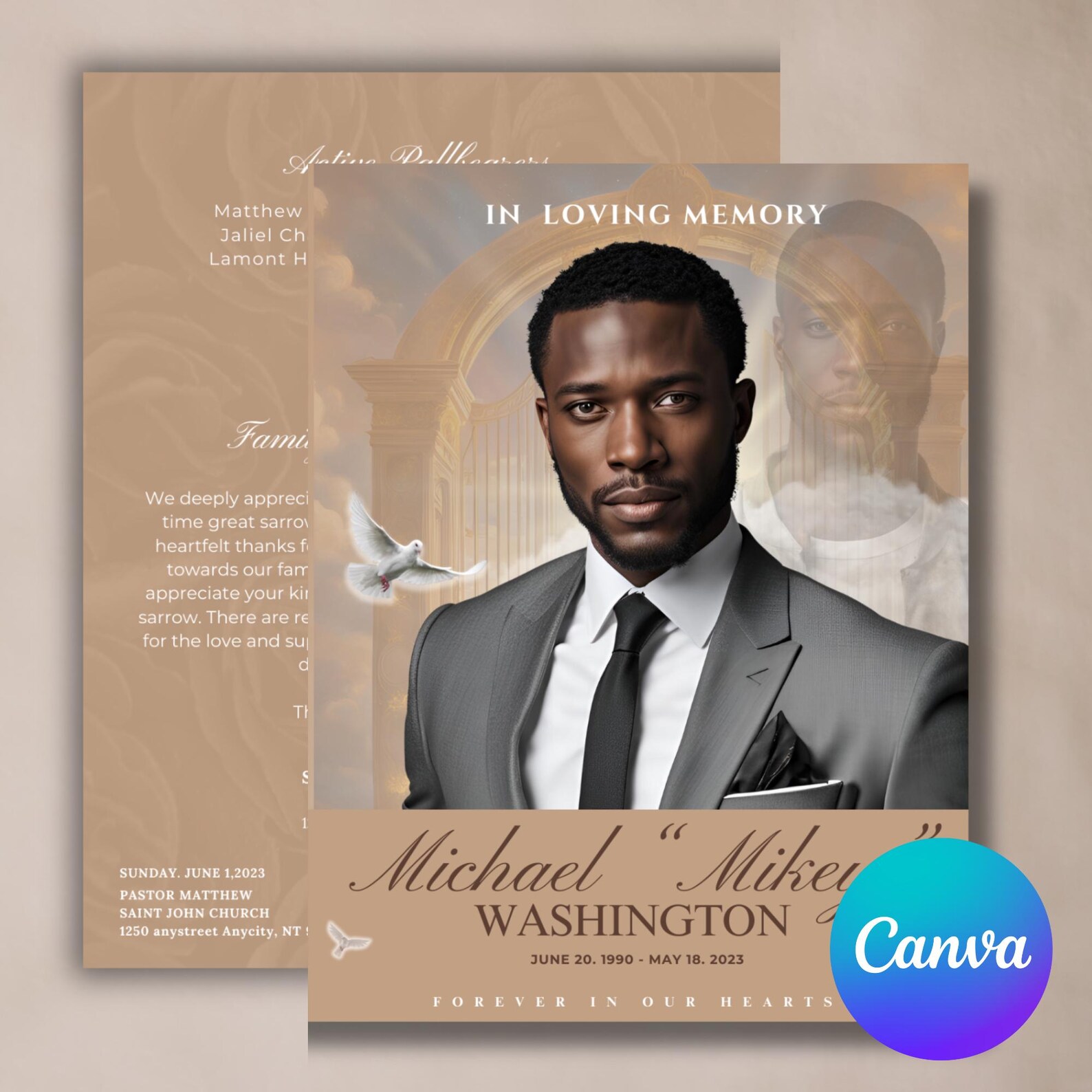 Elegant Funeral Program Template | Brown & Blue, Celebration of Life ...