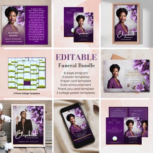 Pacote Funerário Roxo Modelo de Programa Funerário para Programa de Obituário Funerário Celebração da Vida | Cartão de Oração de Lembrança Cartão de Agradecimento
