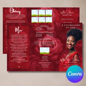 Op de afbeelding: Een rood en wit rouwprogramma met een foto van een vrouw in een rode jurk. Het programma bevat de naam "Willow Mac Johnson", de data "1 januari 1970 - 8 mei 2020" en de tekst "Een viering van het leven".