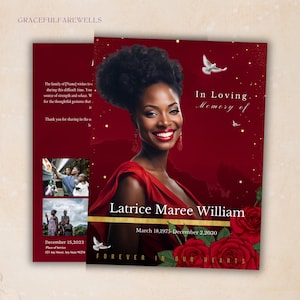 Personalized RED Funeral Program Booklet 17x11 | Mogul Magazine Style, 8 Pages - Celebration of Life Keepsake - Digital Download - Canva