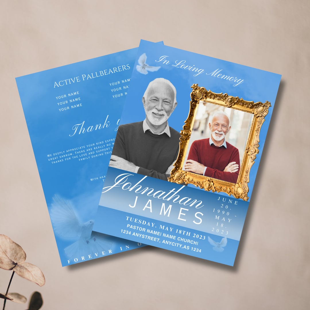 Elegant Blue Funeral Program Template Obituary Template Celebration of Life Keepsake Memorial
