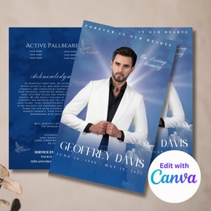 Blue Personalized Memorial Program - 8 Pages Obituary Template - Funeral Program - Celebration of Life - Keepsake - Canva Template 5.5"x8.5"