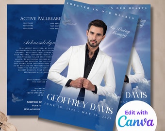 May include: A blue and white memorial card with a photo of a man in a white suit. The card reads "In Loving Memory" and "Geoffrey Davis June 20, 1990 - May 18, 2023".