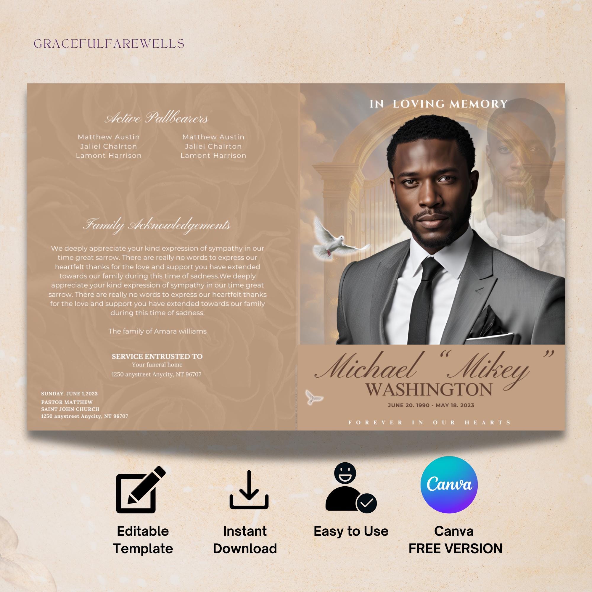 Elegant Funeral Program Template | Brown & Blue, Celebration of Life ...