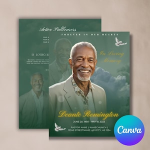 Green Memorial DIY Funeral Program Template | 8-Page Obituary Brochure | Editable Canva Memorial Program | Bifold & Tabloid Program