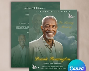 Green Memorial Program Template | Funeral Obituary (Canva, Digital Download)