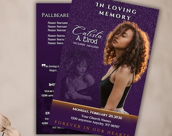May include: Purple memorial card with a photo of a woman with curly hair. The text reads "In Loving Memory" and "Calista A. Elrod" with dates. The card also includes the text "Monday, February 20, 3030" and "Your Church Names 1250 anystreet Anycity, NT 96707" and "Forever in Our Hearts".