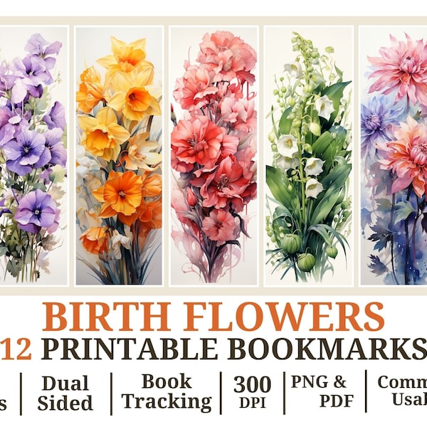 12 Birthflowers Bookmark Designs Pack 1 | Print And Cut Printable Floral Bookmarks | Bookmark Set, Bundle | Flower Lover Digital Gift