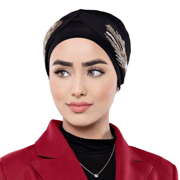 Masumi Stylish Cotton Headwrap for Women, Muslim Ready-made Hat Hijab, Turbans Caps Chiffon Headwear, Jeweled - Carolina Black Laurel Crown