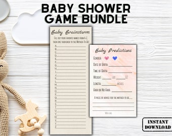 May include: Two printable baby shower game cards. The first card is titled "Baby Brainstorm" and has a list of letters from A to Z with lines next to each letter for writing baby names. The second card is titled "Baby Predictions" and has lines for guests to write their predictions for the baby's gender, date of birth, time of birth, weight in pounds and ounces, length in inches, and whether the baby will have hair. The cards have a light pink and brown marble background.