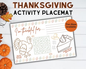 May include: A printable Thanksgiving activity placemat with a turkey maze, a "I'm thankful for..." section, and a blank pie slice to color. The placemat is decorated with fall leaves.