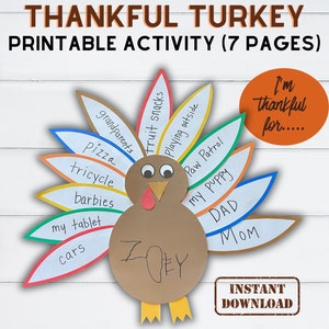 Thankful Turkey Printable, Build a Turkey Kid&#39;s Craft, Thanksgiving Printable, Kids Thanksgiving Activity, Gratitude Turkey, Fall Printable