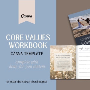 Könnte beinhalten: Eine Canva-Vorlage für ein Werte-Arbeitsbuch. Die Vorlage enthält eine Titelseite mit dem Text "Werte-Arbeitsbuch" und "Canva-Vorlage", eine Seite mit dem Text "Was sind Kernwerte und warum sind sie wichtig?" und eine Seite mit dem Text "Mein Werte-Arbeitsbuch" und "Meine Werte erforschen".